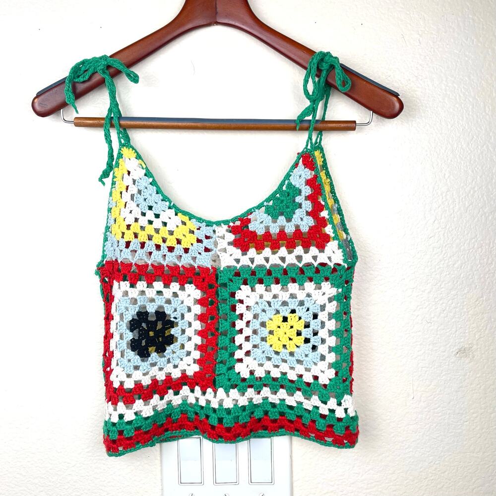 Womens Tank Sz S Crochet Granny Square Rainbow Festival Hippie Fairy Grunge Boho